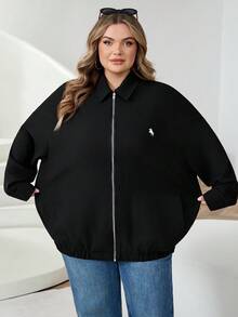 SHEIN CURVE+ Plus Size Women's Black Woven Casual Regular Jacket, Front Zipper And Knight Print Black Jacket Women's Linen Jacket Women's Zipper Jacket Women's/Winter - Black - View 6