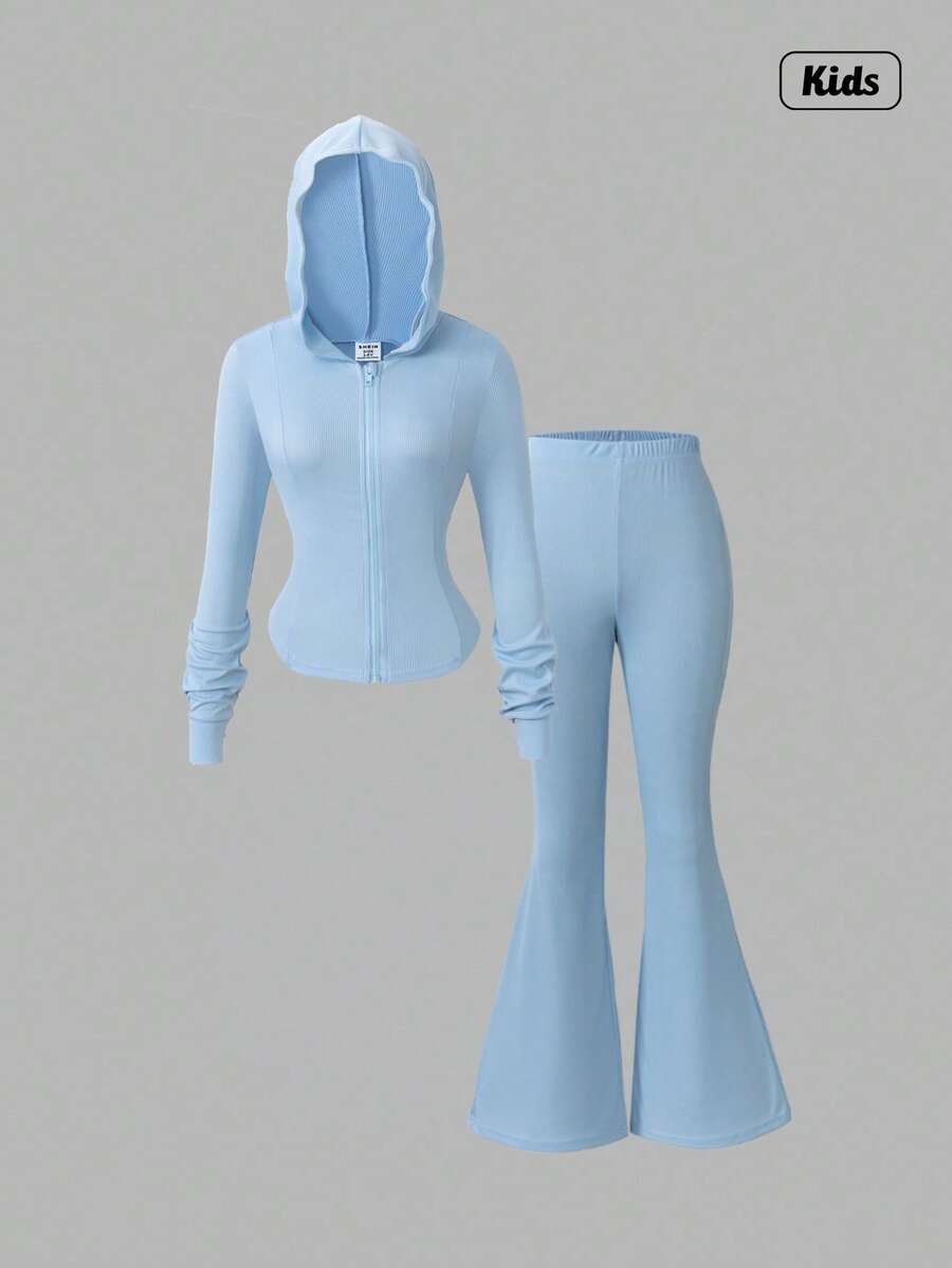 Sweetra Teen GirlCasual Hooded Zip-Up Cardigan And Flared Leg Fitted Pants Set, Light Blue Fall Winter - Baby Blue - View 1