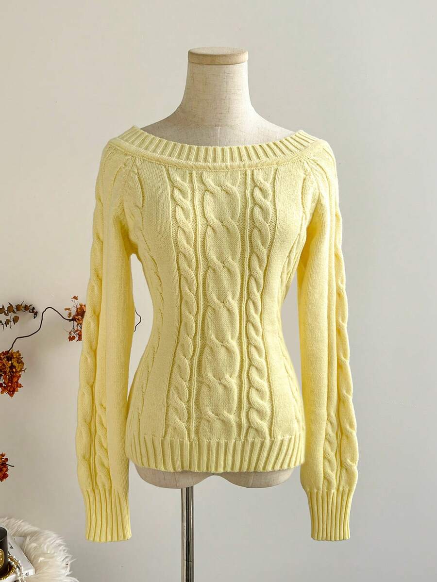 SHEIN Unity Áo len chui đầu dài tay trễ vai dệt kim màu nâu tối giản sang trọng dành cho nữ, Thu/Đông - Butter Yellow - Xem 1