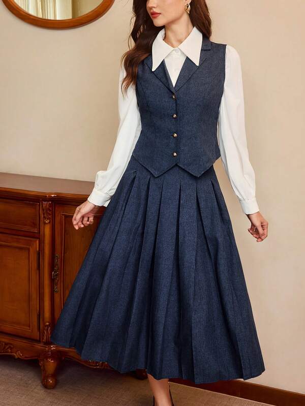 Vintamour Vintage Classic Elegant Women 2 Pieces Set, Fitted VestSkirtirt, Lapel Collar Vest, Metal Buttons, Navy Blue