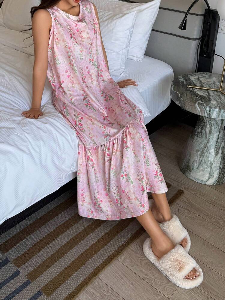 Floral Print Sleeveless Long Nightgown For Women