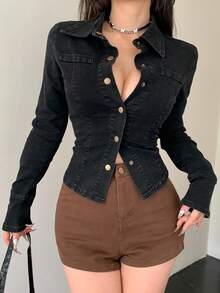 DAZY Women Single-Breasted Casual Denim Tight Top With Long Sleeves, Autumn,Jeans Jacket,Fall Women Clothes - Black - View 7