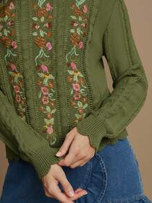 WESTFADE Floral Embroidered Cable Knit Crew Neck Long Sleeve Relaxed Knit Sweater - Green - View 6
