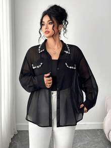 Elenzga Áo sơ mi voan dài tay thanh lịch dành cho nữ cỡ lớn mùa xuân/thu, đính hạt, túi giả và cổ bẻ, màu đen - màu đen - Xem 2