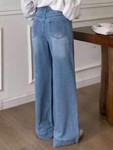 Dazy Tall 女式高腰直筒牛仔裤，纽扣设计，休闲都市风格 - 中等水洗藍 - 查看 6