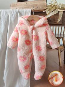 SHEIN Vintaside Kids 新生儿简约时尚可爱波尔卡圆点长袖连帽羊毛连体睡衣 - 粉色 - 查看 4
