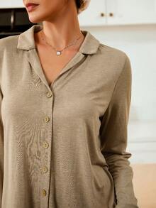 Lazeform纽扣柔软亲肤男女通用时尚家居服套装，舒适优雅细节，秋冬服装 - 駝色 - 查看 4