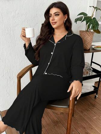 SHEIN Doze Lane Doze Lane Women's Black Ruffle Collar Open Front Classic Knit Fabric Casual Loose Long Sleeve Top And Pants, Relaxed2 Piecese Pajama Set