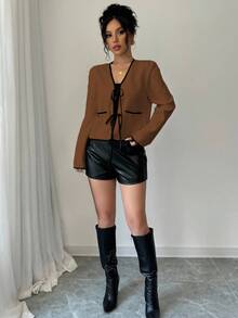 Selianne Autumn French Elegant Black Bowknot Strap Jacket,Short Cropped Contrast Trim Long Sleeve Top,Fashion Work Club Lightweight Jacket For Women - Brown - View 4