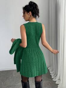 Elenzga Women's Fashion Casual Solid Color Sweater Dress 2 Pieces Set - Green - View 2