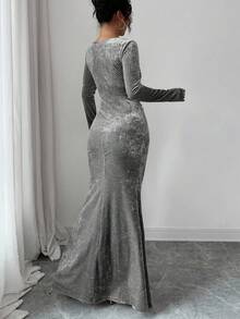 Elenzga Elegant Romantic Ruffle Hem Pearl Decor Velvet Bodycon Midi Dress With Round Neck And Long Sleeves For Women - Grey - View 2