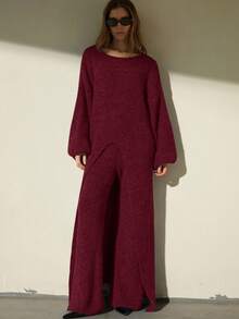 Aveloria Modichic 2pcs Set Fashionable Casual Knit Sweater And Pants - Burgundy - View 5