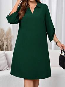 EMERY ROSE Váy tay 3/4 màu trơn cỡ lớn thường ngày - Màu xanh lá cây đậm - Xem 6