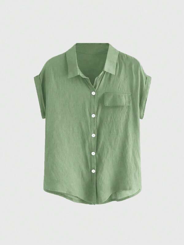 ROMWE Camisa de manga curta com botões na frente, verde-cinza, para mulheres, verão, escola