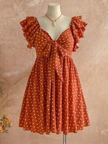 Soleia Plus Size Colorful Printed Fabric Cap Sleeve Sweetheart Neck Bowknot Front A-Line Dress, Suitable For Spring/Summer Vacation Polka Dot - Brown - View 1