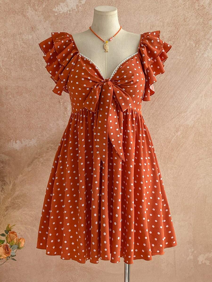 Soleia Plus Size Colorful Printed Fabric Cap Sleeve Sweetheart Neck Bowknot Front A-Line Dress, Suitable For Spring/Summer Vacation Polka Dot - Brown - View 1