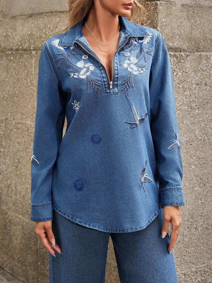 Selenza Women's Floral Embroidered Long Sleeve Zip-Up Casual Denim Jacket - Multicolor - View 1