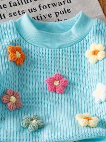 SHEIN 女宝宝蓝色针织3D碎花毛衣+直筒裤两件套，秋冬 - 藍色 - 查看 5
