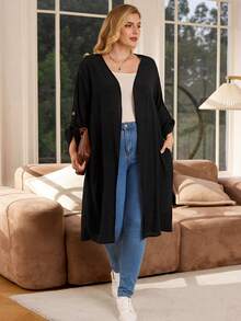 Rosumi Plus Size Women Black Color Roll Up Sleeve Casual Long Jacket Holiday Outfits Boho,Autumn,Fall Women's Clothes,Fall Clothes,Country Concert Clothing Outfits,Fall Women Clothes Winter