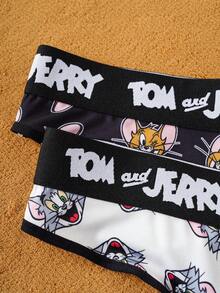 TOM & JERRY X SHEIN 2pcs Women's Black & White Cartoon Printed Contrast Letter Tape Sexy Thong ,Underwear Cute,Soft & Comfortable, Cute,Kawaii,Sweet, Cartoon Underwear For Women Women Thong Underwear Cartoon Thong Printed Thong Women Thong - Black and White - View 3