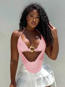 Alexandranx 女士夏季性感波西米亚海滩度假音乐会女士露背领带金属装饰钩针夏季上衣，女士夏季，俱乐部女士性感 - 珊瑚粉 - 查看 4