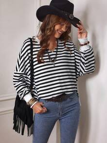 Camiseta holgada de manga larga con hombros caídos, cuello, puños y bajo a rayas en blanco y negro, estilo parche de cuadrícula de maíz, estilo casual western para mujer LanaWest, otoño/invierno - Blanco y Negro - Ver 7