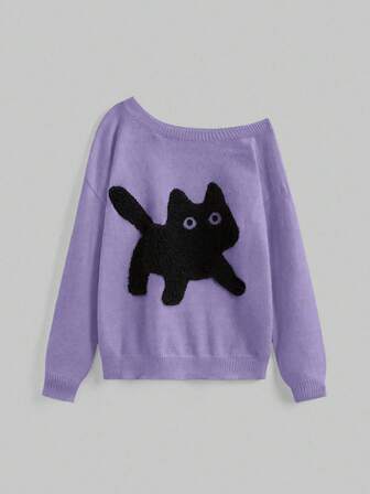 Kawaii Femmes grande taille Mignon chat brodé épaule asymétrique pull grande taille, automne/hiver