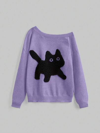Kawaii Suéter asimétrico de hombro talla grande talla con bordado de gato lindo, para mujer, de estilo casual, para otoño/invierno