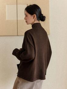 Dazy-Less 女士宽松商务休闲时尚棕色街头风优雅斜襟高领针织毛衣，适合秋冬季、新年、圣诞节穿着 - 棕色 - 查看 3