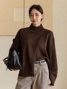 Dazy-Less 女士宽松商务休闲时尚棕色街头风优雅斜襟高领针织毛衣，适合秋冬季、新年、圣诞节穿着 - 棕色 - 查看 7