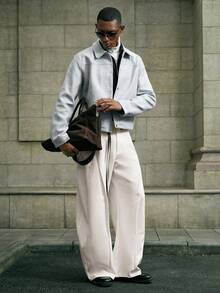 AKNOTIC Business Casual 男士休闲单排扣浅灰色短款衬衫外套，秋冬季，新年魅力 - 藍白色 - 查看 5