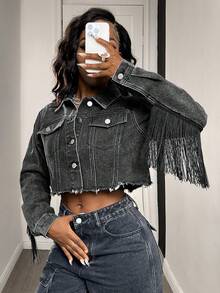 DAZY 女士短款黑色牛仔流苏夹克 Y2k