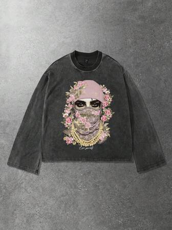 Street Life Herren lässiges, locker geschnittenes Langarm T-Shirt mit Figuren- und Blume Muster, schulterfrei, modischer Street-Style, Frühling/Herbst