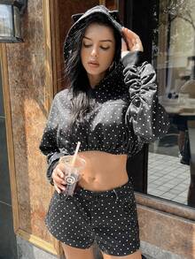 Zielony 波点休闲短款卫衣，时尚百搭黑色波点拉链卫衣，街头风女装，Y2K风格上衣，秋季女装，Y2K，姐妹，现在，时尚上衣，美学卫衣，送给姐妹的礼物，节日礼物，休闲简约时尚上衣 - 黑色 - 查看 4