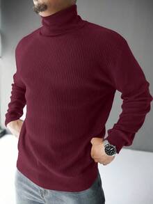 Manfinity Homme Plus Size Men's Solid Color Casual Turtleneck Sweater, Autumn/Winter Men Turtleneck Shirts, Long Sleeve Top - Burgundy - View 3