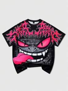 ROMWE MEN Anime 男士夏季卡通字母图案T恤 - 黑色 - 查看 5