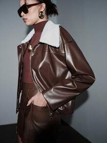 Lumivelle 女士冬季外套，时尚通勤系列，人造毛领，下摆抽绳设计，宽松长袖外套