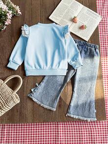 SHEIN 2pcs/Set Baby/Toddler Girl Unisex Girls' Sweet Pink Bow Embroidery Crew Neck Long Sleeve Sweatshirt And Denim Pants Set, Pink Ribbon Bow Accent, Suitable For Outings, Dates, Casual, School, Party And More Baby Casual Sets Baby Girl Denim Sets Denim Baby Outfit Baby Girl Princess Casual Pant Sets Baby Jeans Set - Multicolor - View 2