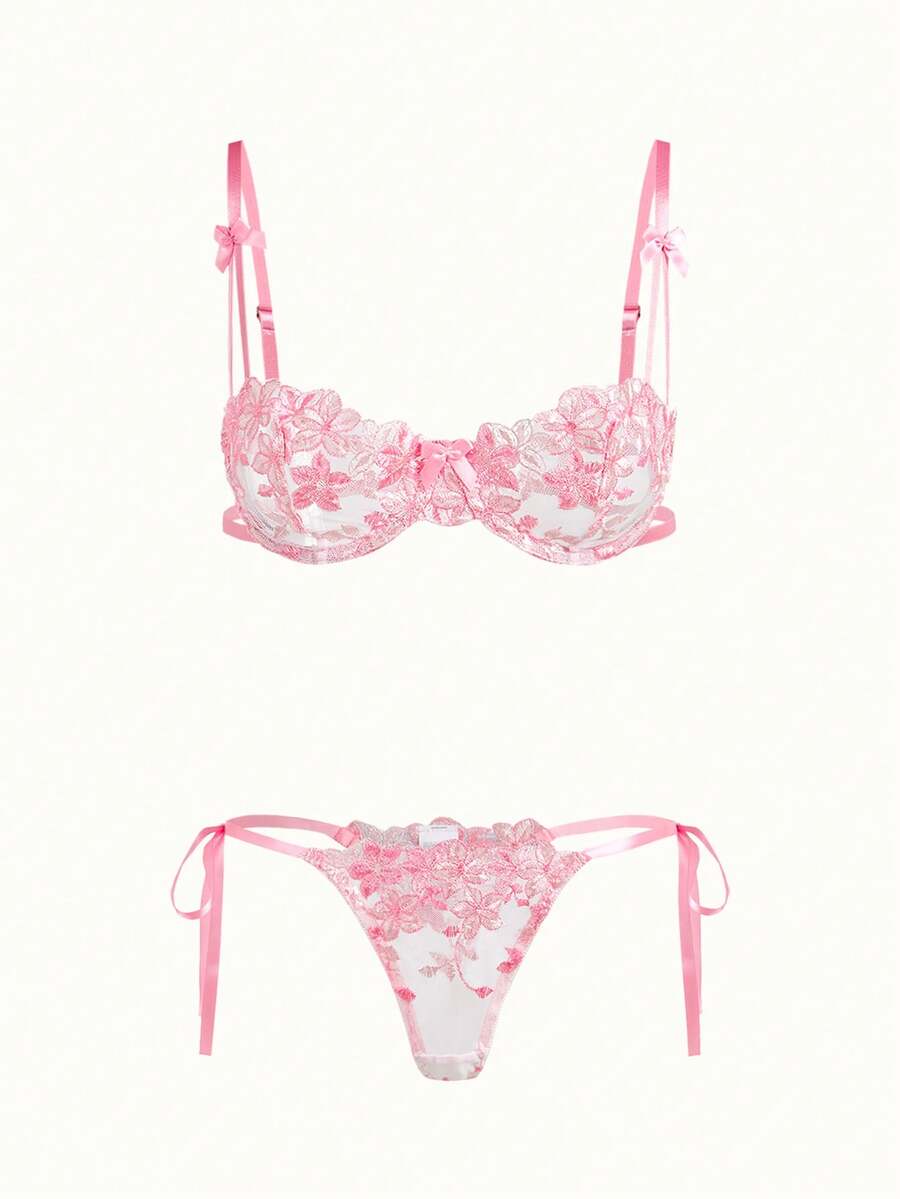 Bonmuse Bộ đồ lót ren gợi cảm thêu hoa lưới 2 mảnh cho nữ, thích hợp cho ngày lễ tình nhân Bộ đồ lót 2 mảnh cho nữ, áo ngực siêu mỏng dễ thương - Hồng - Xem 1