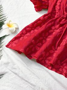 Trelyra 时尚清新提花短袖V领女式上衣，2025夏季新款时尚短袖衬衫 - 紅色 - 查看 4