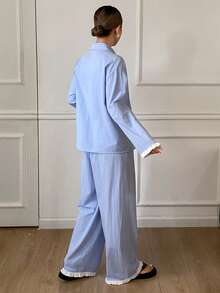 DAZY Conjunto de pijama de mujer con volantes y moño en contraste de colores, ropa de invierno - Azul - Ver 2