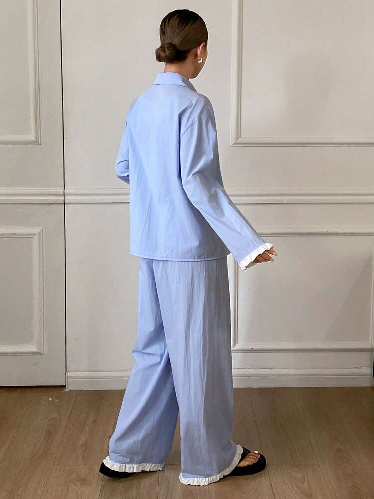 Cute Contrast Color Bowknot Ruffle Trim Women Pajama Set, Winter Clothes