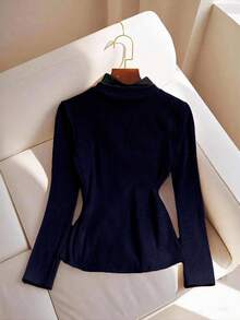 Franclia Áo thun dài tay màu trơn tương phản thanh lịch dành cho nữ, mùa thu - Xanh đậm - Xem 3