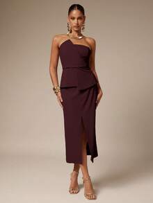 Silquee Women's Elegant Commuter Tube Top & Skirt Suit Set - Burgundy - View 5
