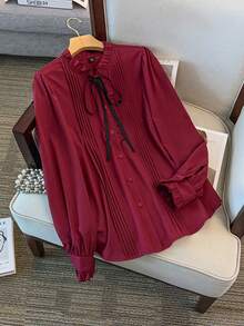 GlowEve CURVE Plus Size Women Long Sleeve Small Stand Collar Striped Casual Solid Color Ruffle Cuff Fashion Shirt, Suitable For Daily Commute - Burgundy - View 3