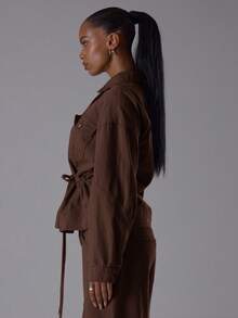 MUSERA 前袋束口牛仔夹克，优雅夜生活风，秋季性感可爱酷女孩街头风，春夏时尚 - 巧克力棕 - 查看 5