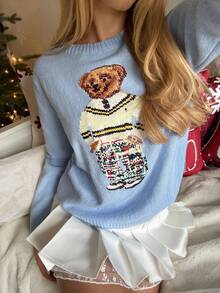 CovetEZ 女式卡通熊图案圆领长袖休闲毛衣，秋冬 - 灰色 - 查看 1