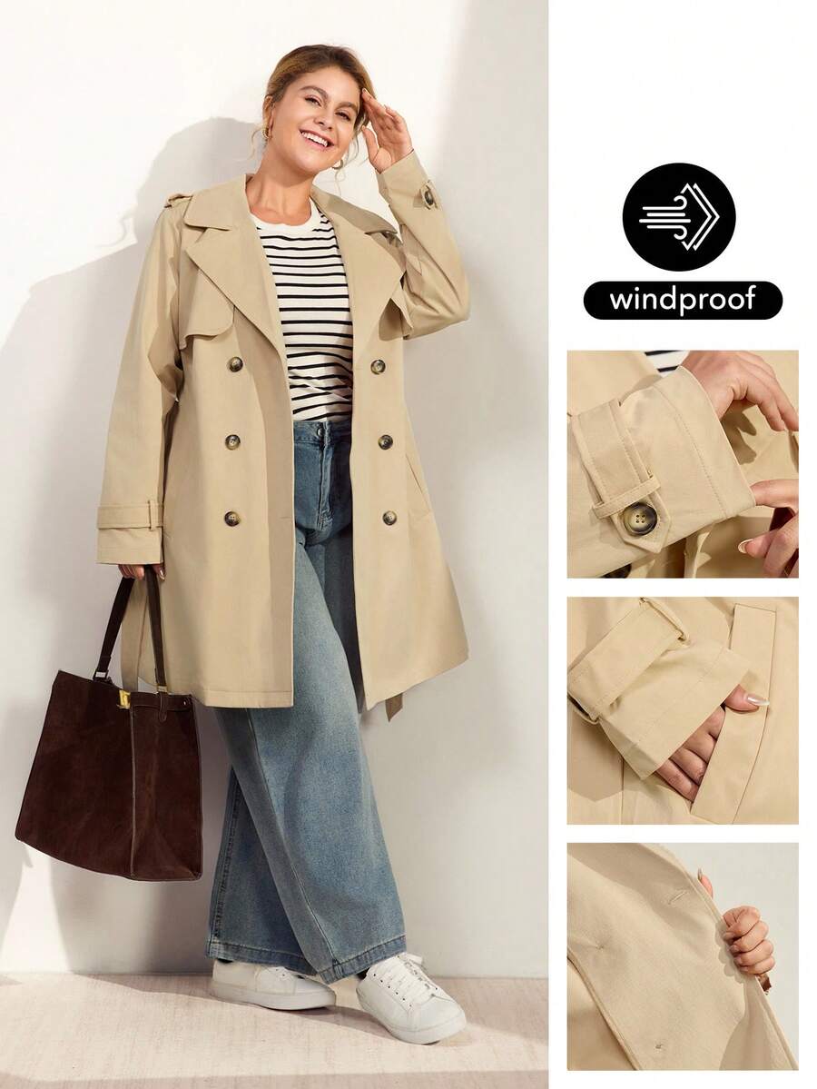 Momelise Plus Size Women's Casual Windbreaker Jacket, Spring/Autumn Solid Color Long Sleeve Lapel Double-Breasted Windbreaker, Commuting Casual Versatile Windbreaker