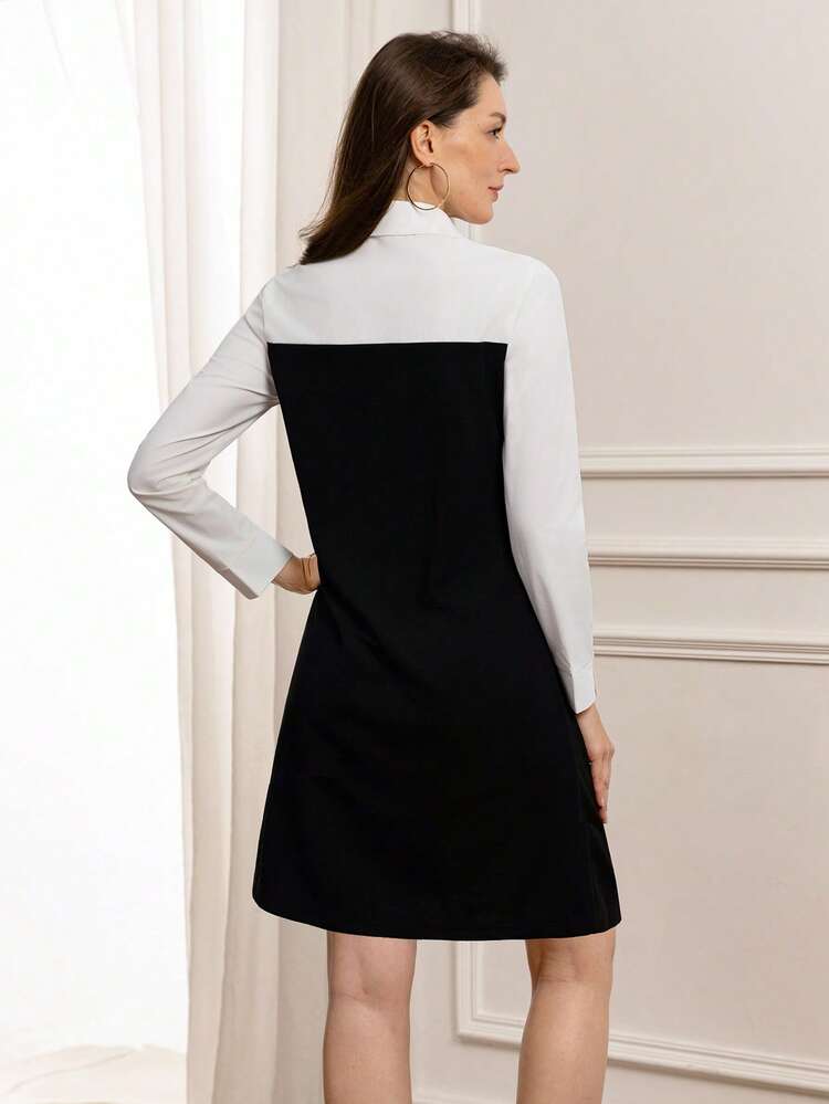 This Elegant Women's Autumn/Winter Dress Features A Black And White Color-Blocked Design, Exuding A Simple Yet Sophisticated Style. The Shirt Collar And 2 In 1 Cut, Accented With Gold Buttons, And The Cropped Length Create A Polished Look. The Classic Black And White Color Scheme Is Versatile And Easy To Match, Maximizing Its Fashionable Appeal. Perfect For Spring And Autumn, It Can Be Worn Alone Or Layered During The New Year To Create Various Styles. Ideal For Stylish Commutes, Casual Social Gatherings, And More, It Combines A Polished And Fashionable Look.