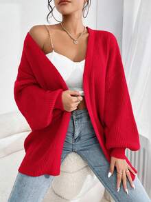 SHEIN EZwear 大码休闲落肩罗纹针织开衫，红色，秋冬 - 紅色 - 查看 5